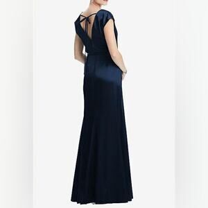 NWT Dessy Collection Cap Sleeve Blouson Faux Wrap Maxi Dress Midnight Navy Blue